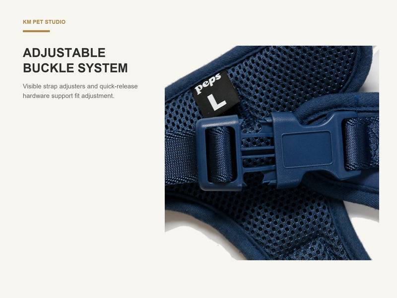 Adjustable Buckle System detail on lightweight mesh dog harness with control handle for wholesale buyers