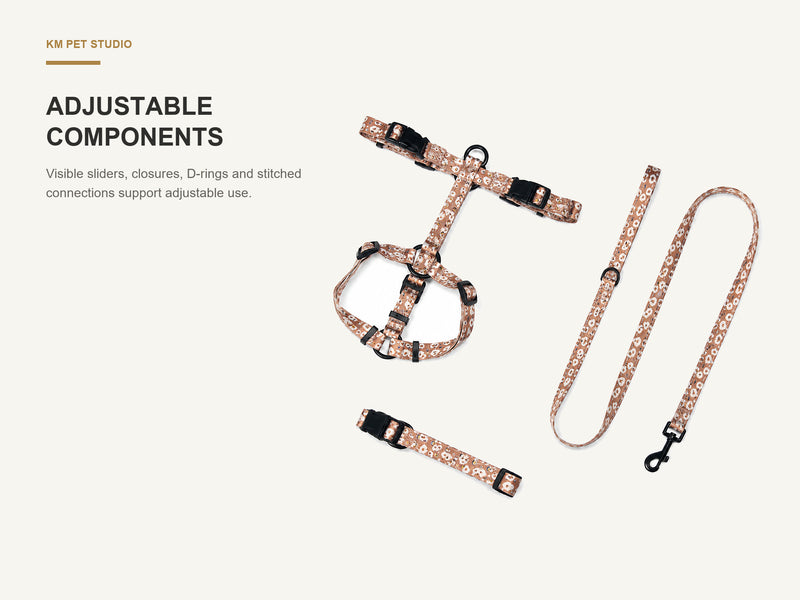 Adjustable Components detail on printed polyester dog harness collar and leash set for wholesale buyers