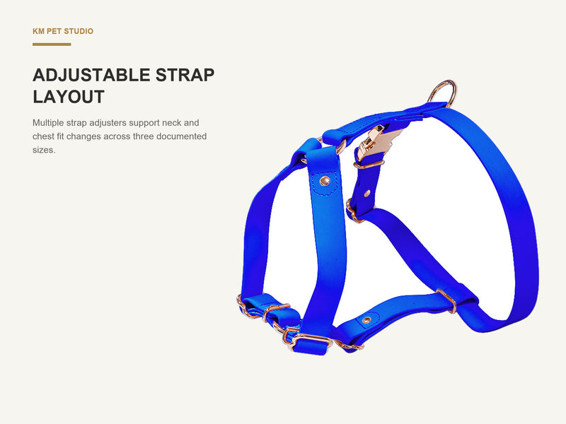 Adjustable Strap Layout detail on pvc dog harness with rose gold tone hardware for wholesale buyers