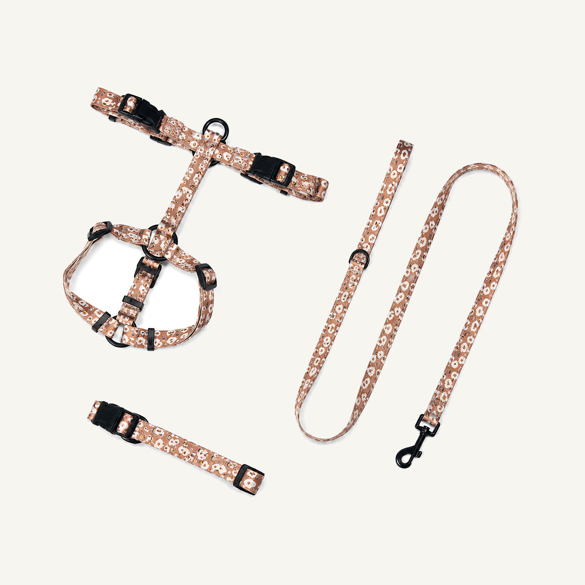 Beige Leopard printed polyester dog harness collar and leash set catalogue view for private label buyers