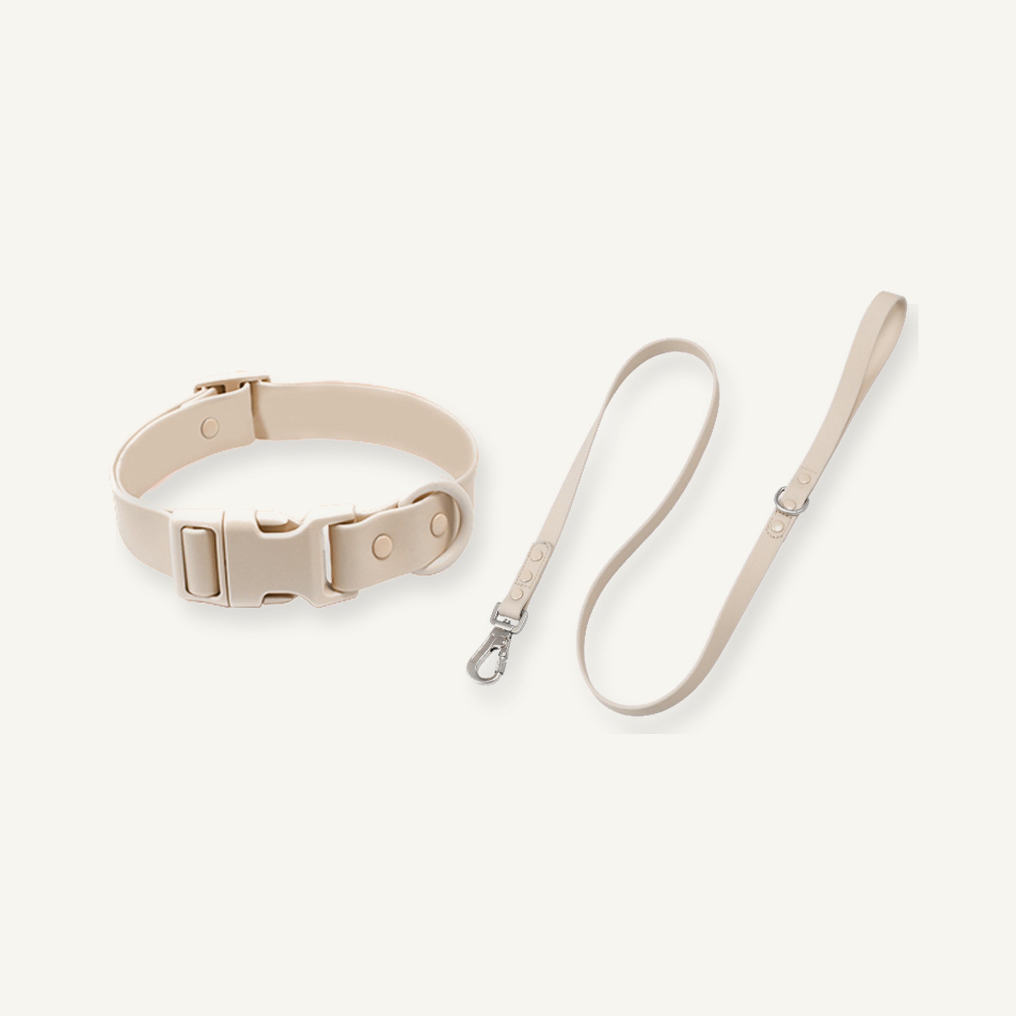 Beige PVC dog collar and matching leash set with same tone quick release buckle
