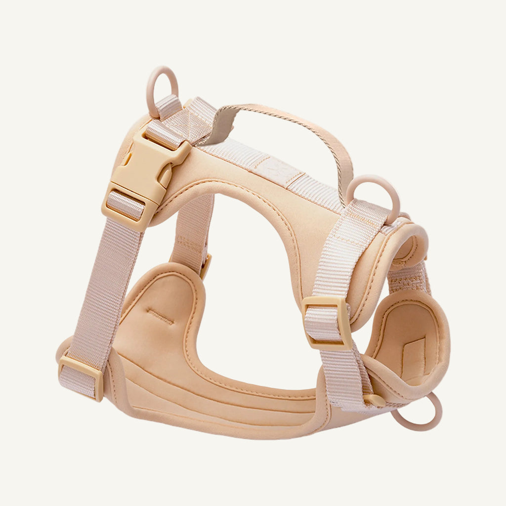 Beige padded no pull dog harness with control handle catalogue view for private label buyers