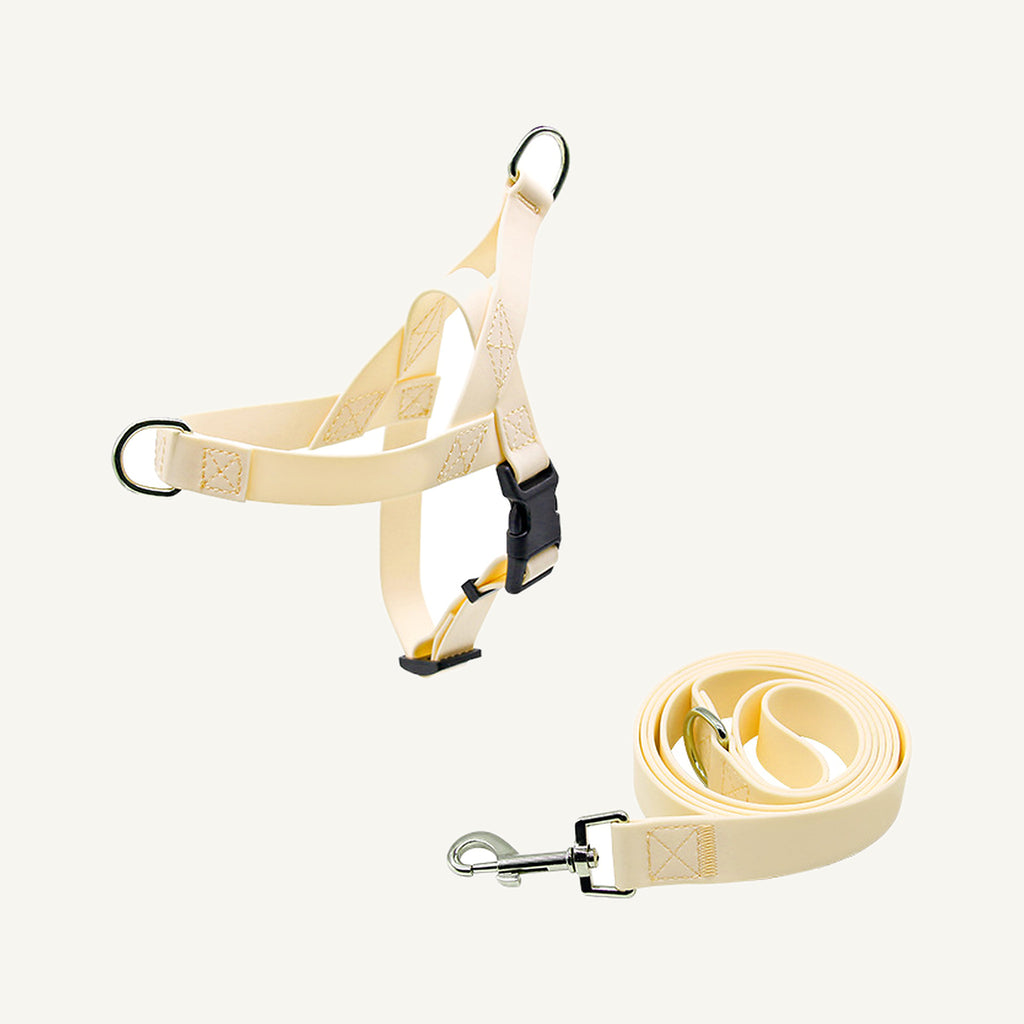 Beige pvc strap dog harness and leash set catalogue view for private label buyers