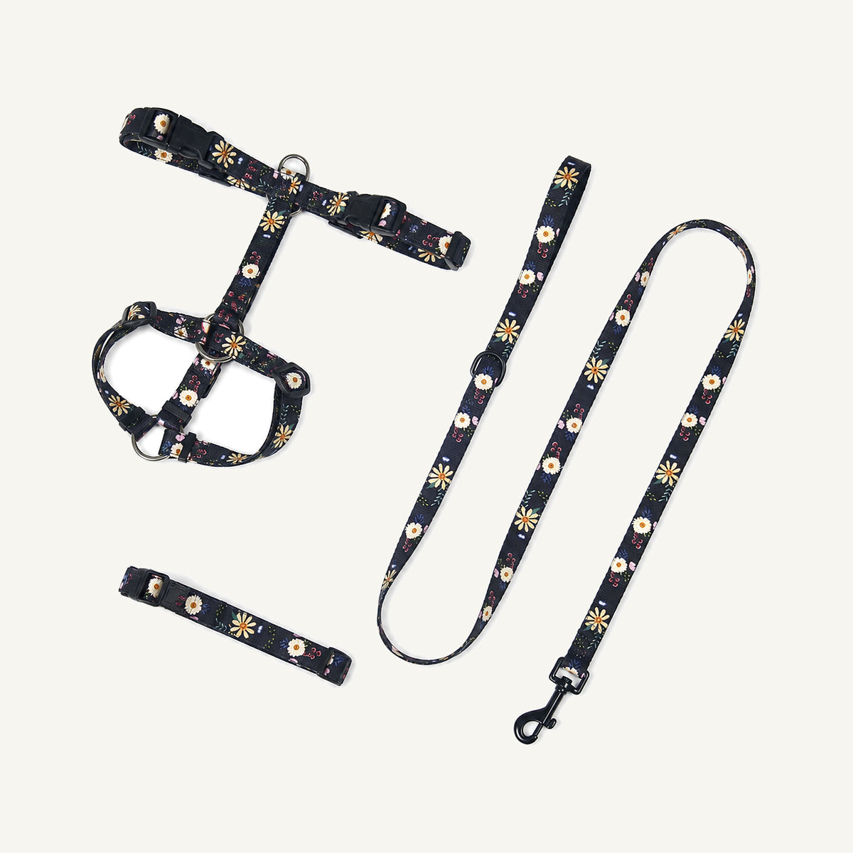Black Orange printed polyester dog harness collar and leash set catalogue view for private label buyers