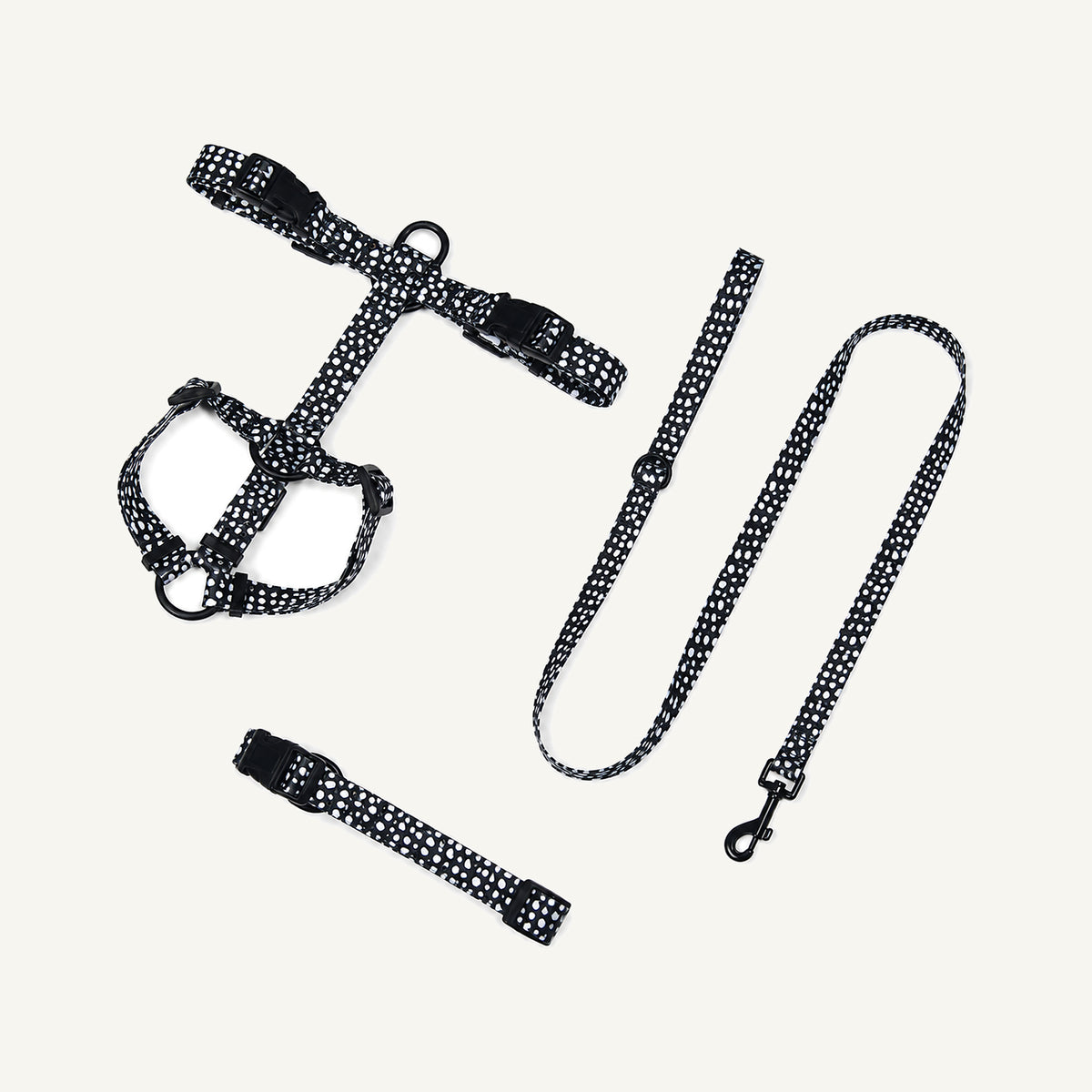 Black White printed polyester dog harness collar and leash set catalogue view for private label buyers