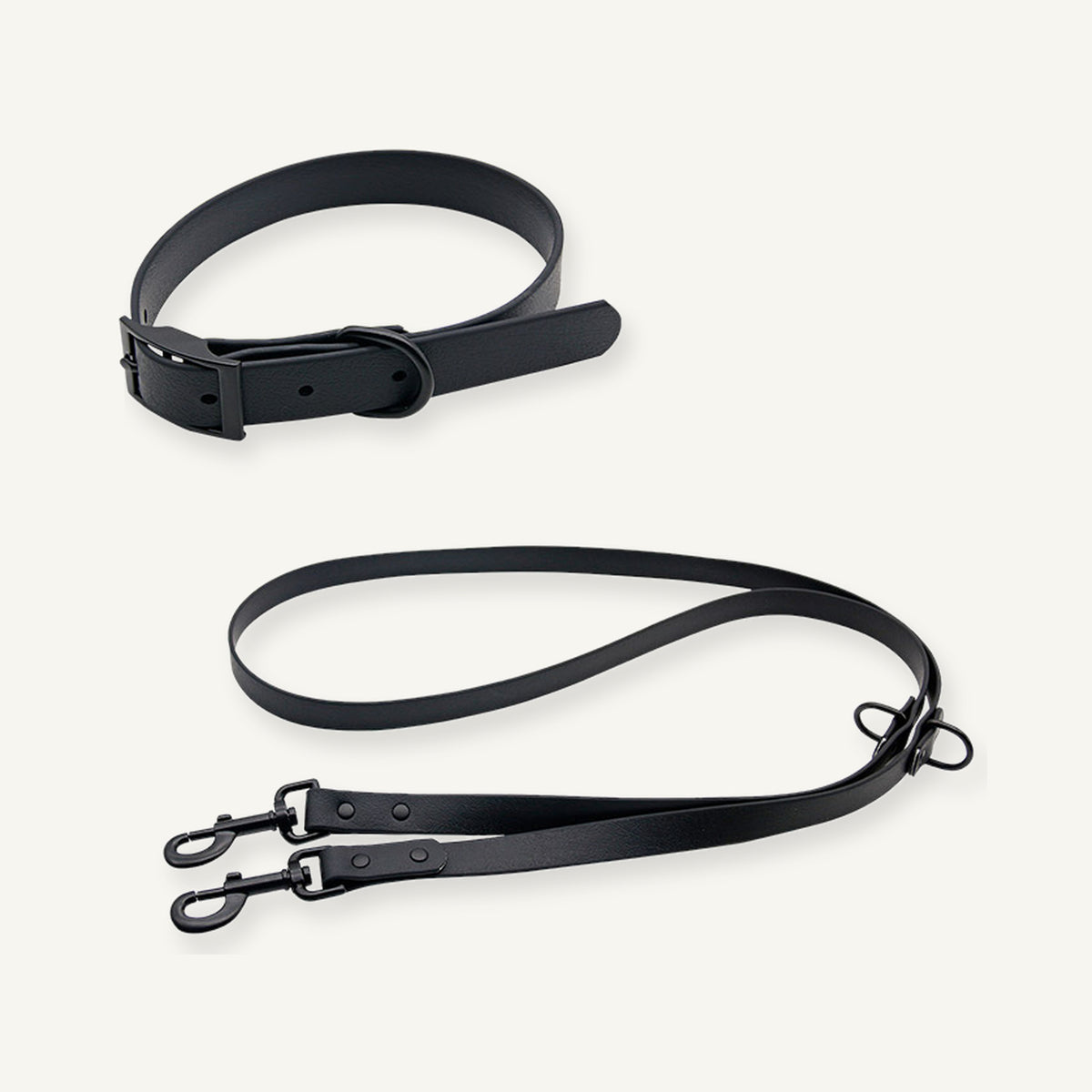 Black embossed PVC dog collar leash set with coordinated dark metal hardware