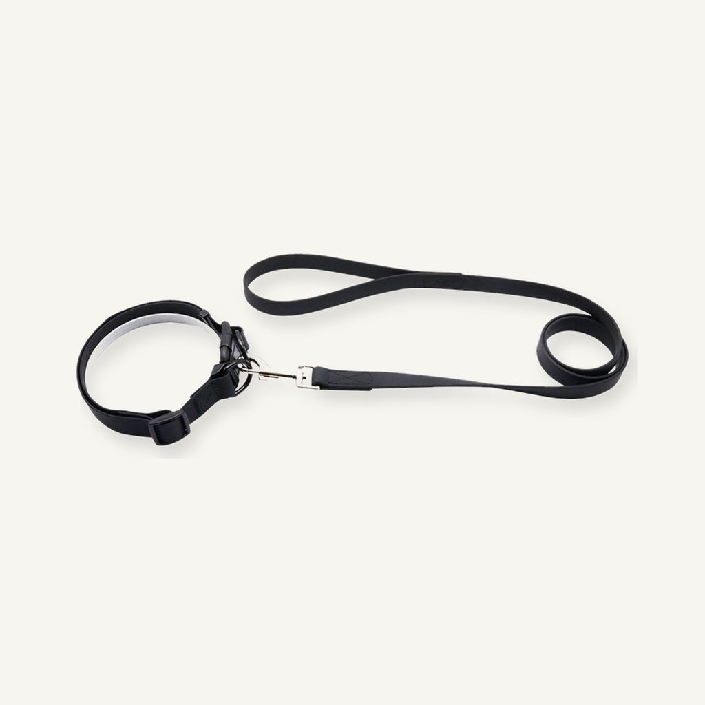 Black padded PVC dog collar leash set displayed with quick release collar
