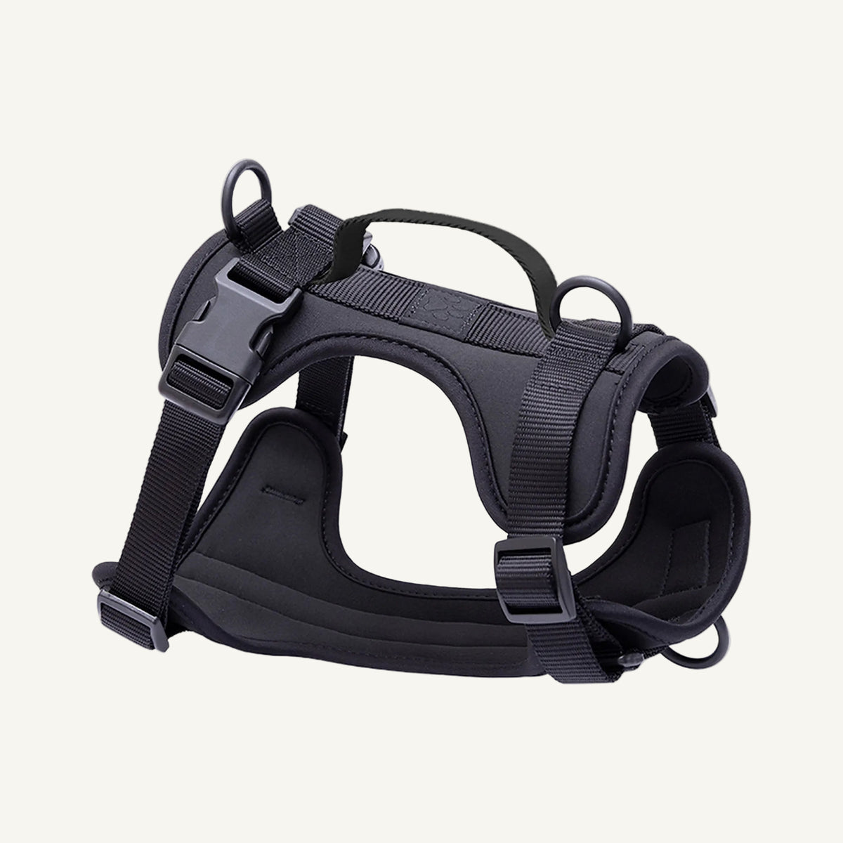 Black padded no pull dog harness with control handle catalogue view for private label buyers