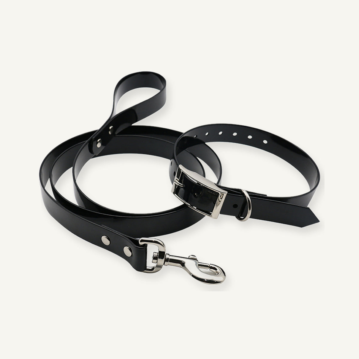 Black solid TPU dog collar leash set with coordinated silver tone hardware