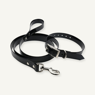 Black solid TPU dog collar leash set with coordinated silver tone hardware