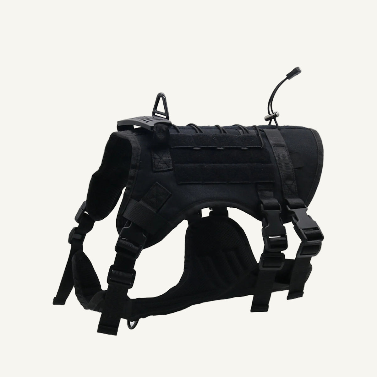 Black tactical padded dog harness with molle panel catalogue view for private label buyers