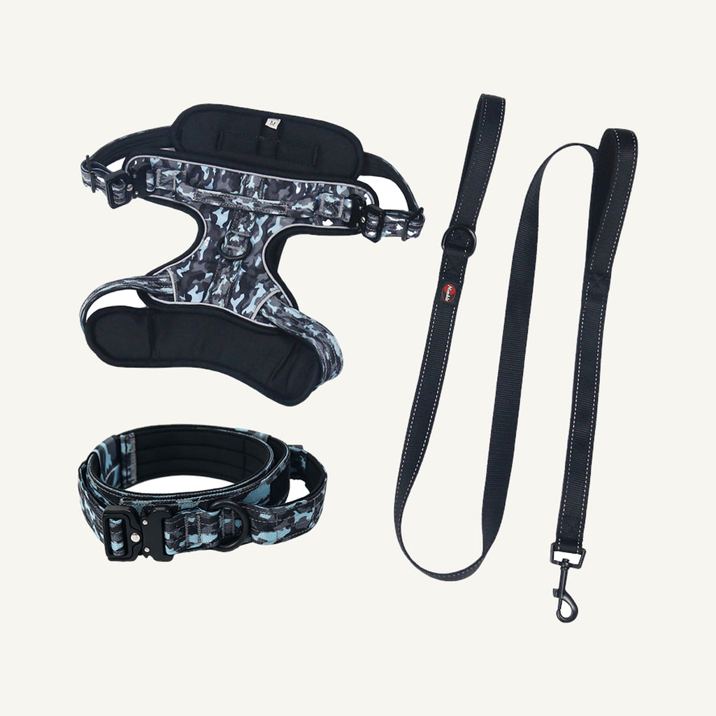 Blue Set camouflage oxford dog harness collar and leash set catalogue view for private label buyers