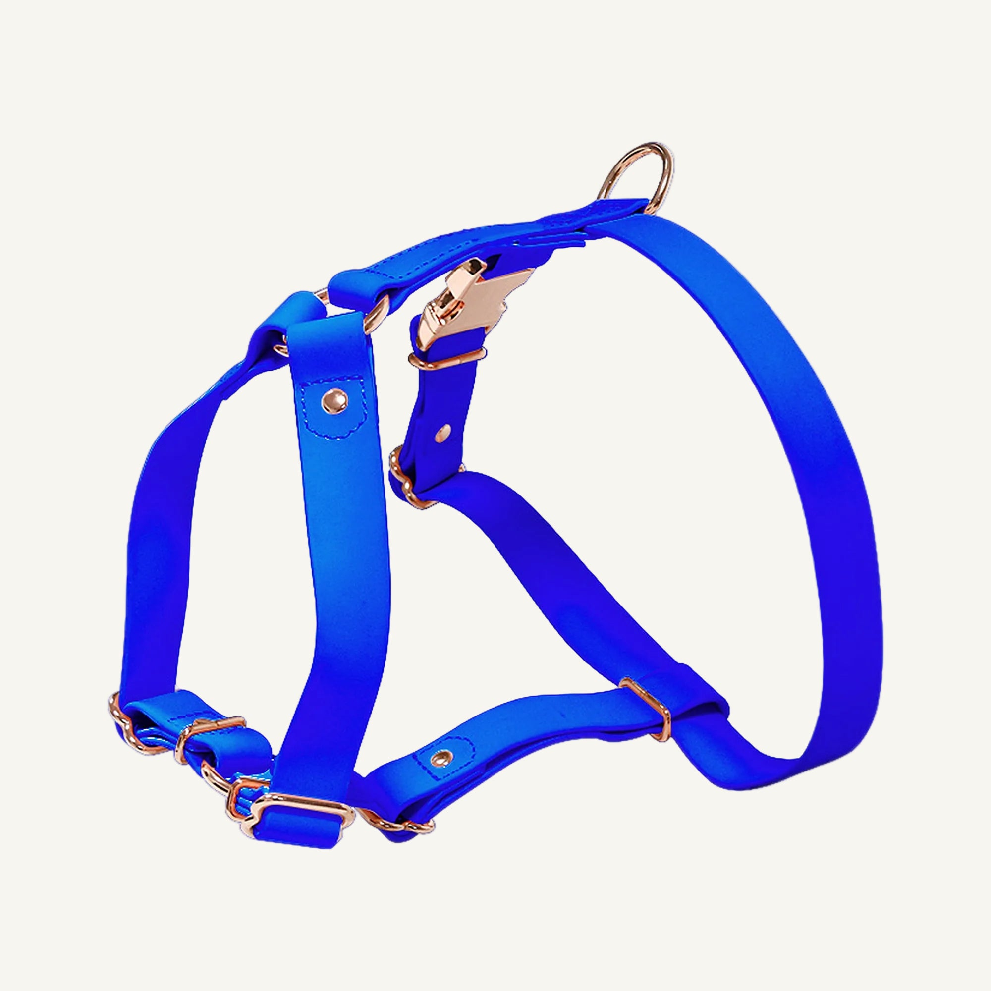 Blue pvc dog harness with rose gold tone hardware catalogue view for private label buyers