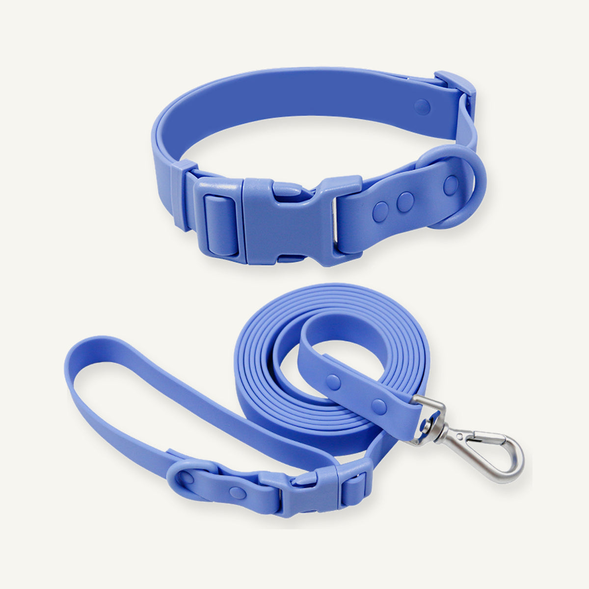 Blue solid PVC dog collar leash set displayed with coated strap and swivel clip