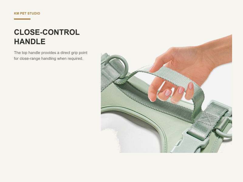 Close-Control Handle detail on padded no pull dog harness with control handle for wholesale buyers
