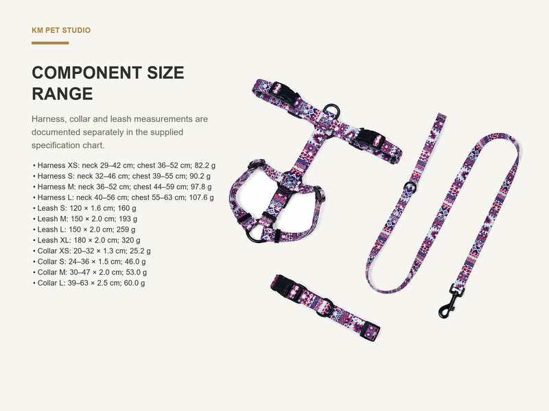 Component Size Range detail on printed polyester dog harness collar and leash set for wholesale buyers