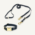Custom PVC gold hardware dog collar leash set shown in black with multifunction lead