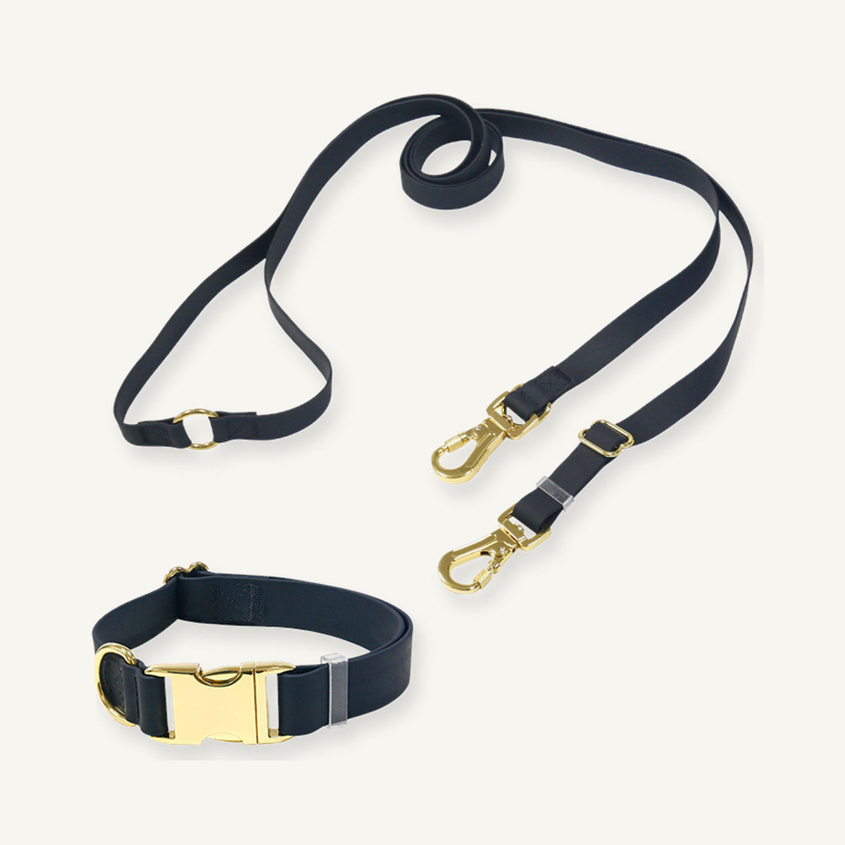 Custom PVC gold hardware dog collar leash set shown in black with multifunction lead