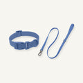 Custom PVC quick release dog collar leash set shown in dark blue with matching components