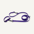 Custom embossed PVC dog collar leash set shown in purple with black metal hardware