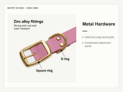 Custom embossed PVC multifunction dog collar leash set detail view of metal hardware construction