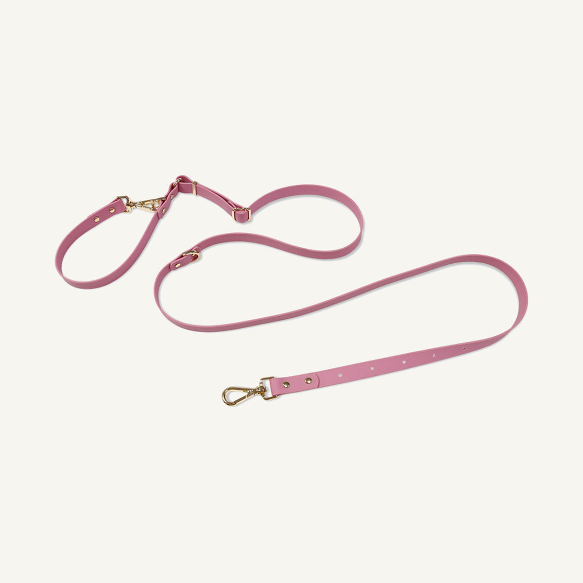 Custom embossed PVC multifunction dog collar leash set in pink showing collar and adjustable multi use lead