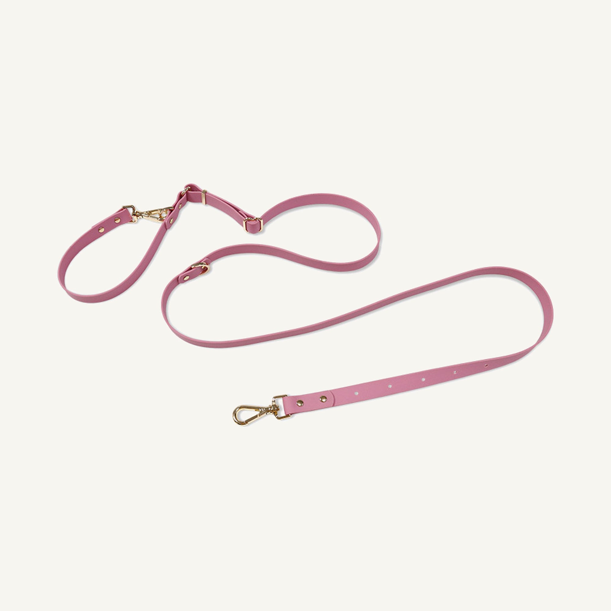 Custom embossed PVC multifunction dog collar leash set in pink showing collar and adjustable multi use lead