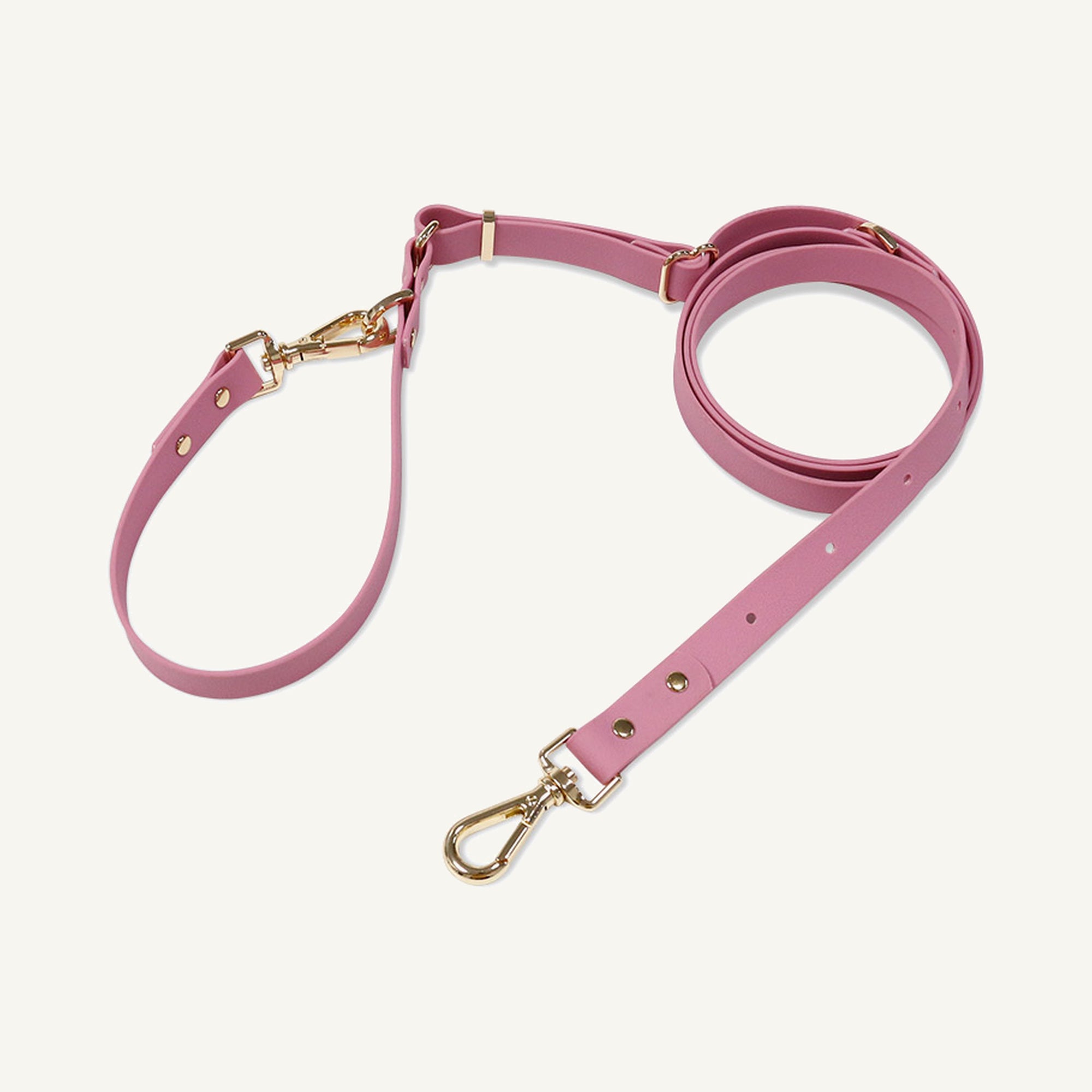 Custom embossed PVC multifunction dog collar leash set showing the pink adjustable multi use lead front view