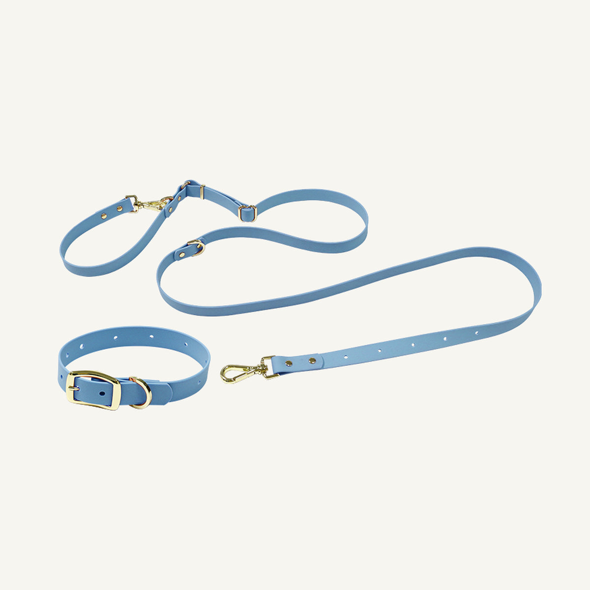 Custom embossed PVC multifunction dog collar leash set shown in light blue with gold tone metal hardware