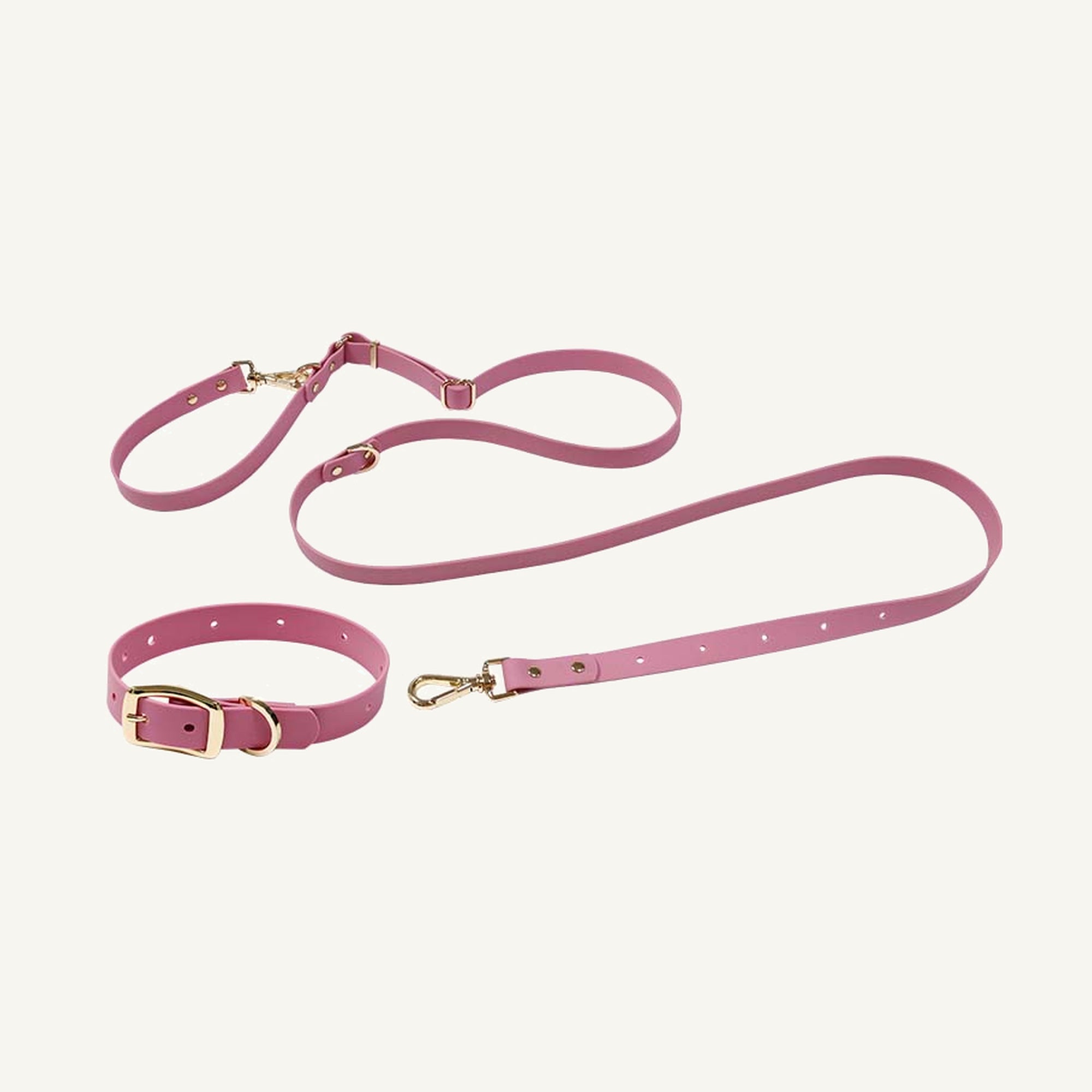 Custom embossed PVC multifunction dog collar leash set shown in pink with gold tone metal hardware