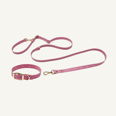 Custom embossed PVC multifunction dog collar leash set shown in pink with gold tone metal hardware