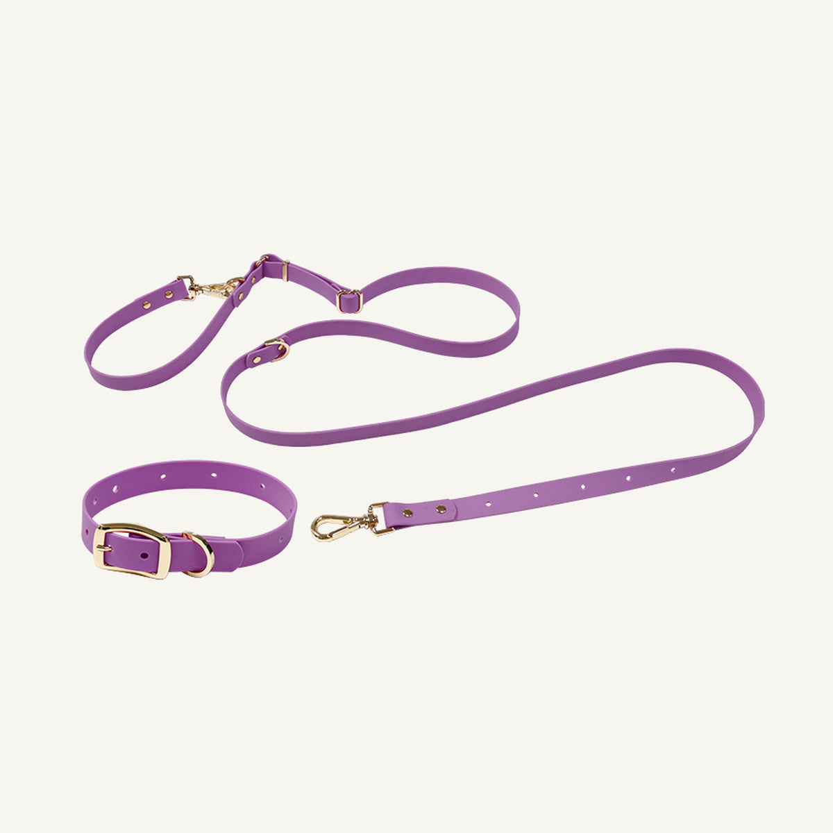 Custom embossed PVC multifunction dog collar leash set shown in purple with gold tone metal hardware