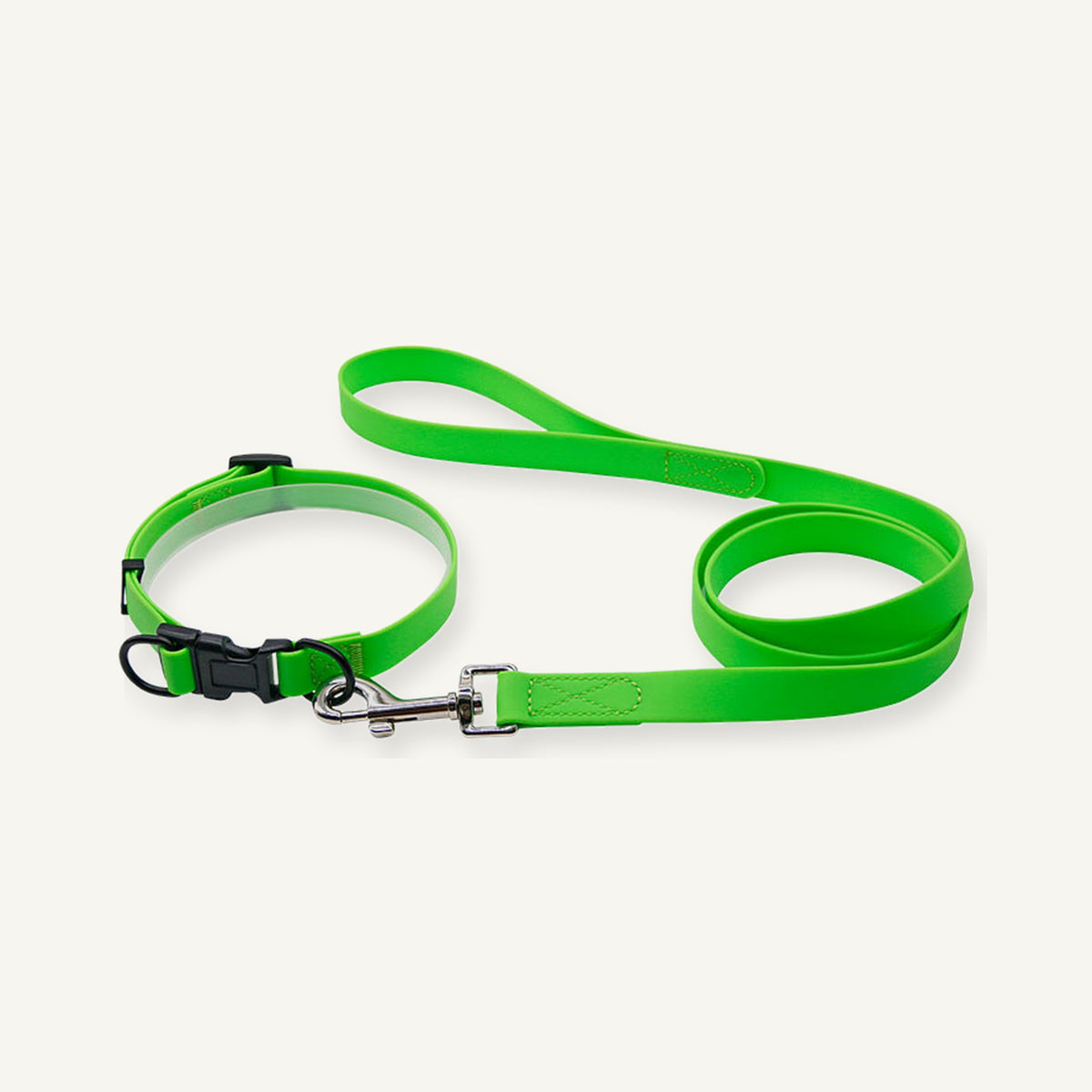 Custom padded PVC dog collar leash set shown in green with quick release buckle