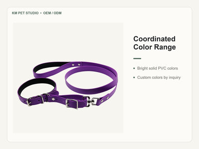 Custom padded PVC integrated dog collar leash set detail view of coordinated color range construction