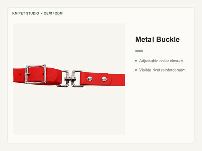 Custom padded PVC integrated dog collar leash set detail view of metal buckle construction