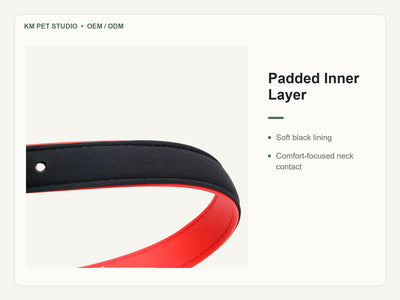 Custom padded PVC integrated dog collar leash set detail view of padded inner layer construction