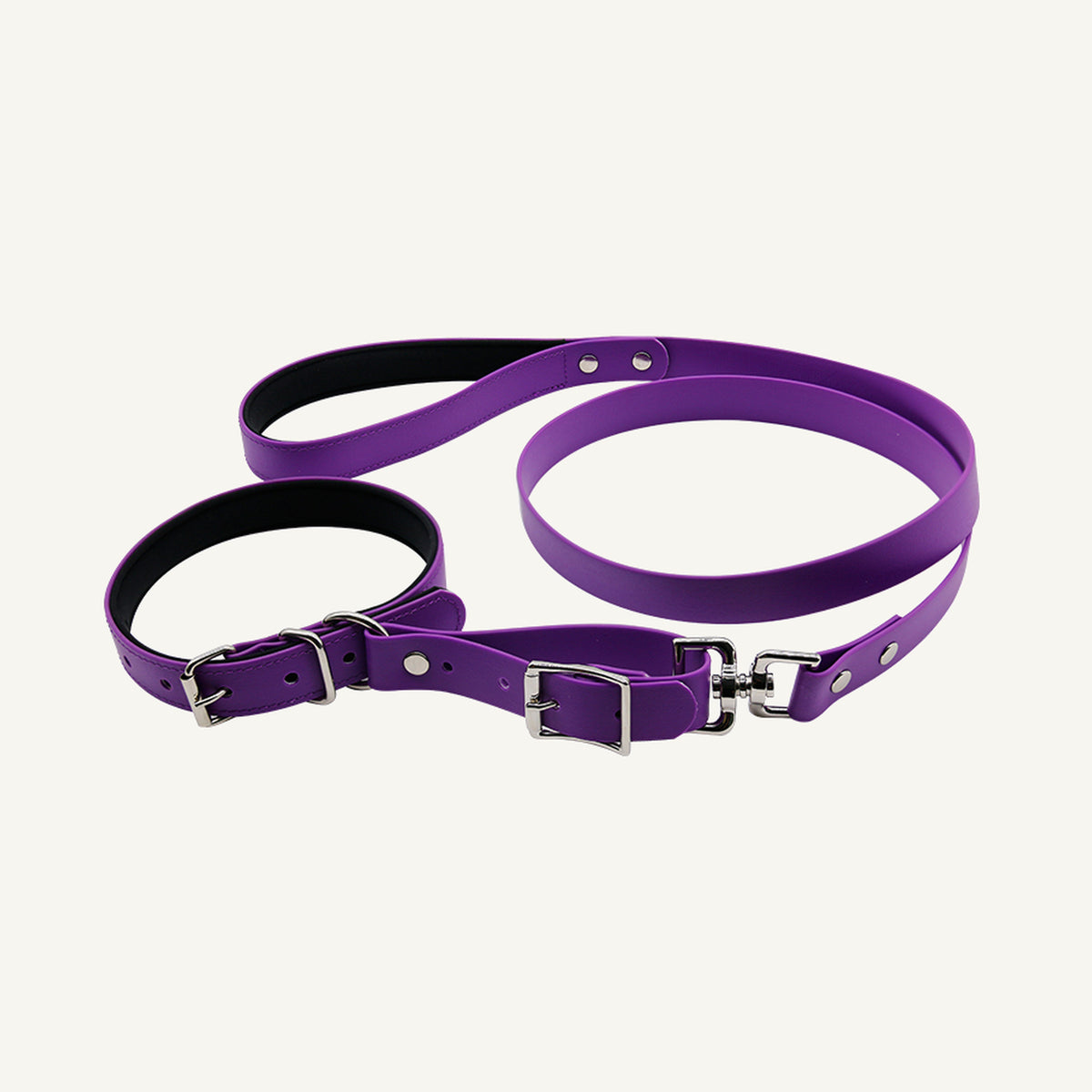 Custom padded PVC integrated dog collar leash set shown in purple with connected collar and lead