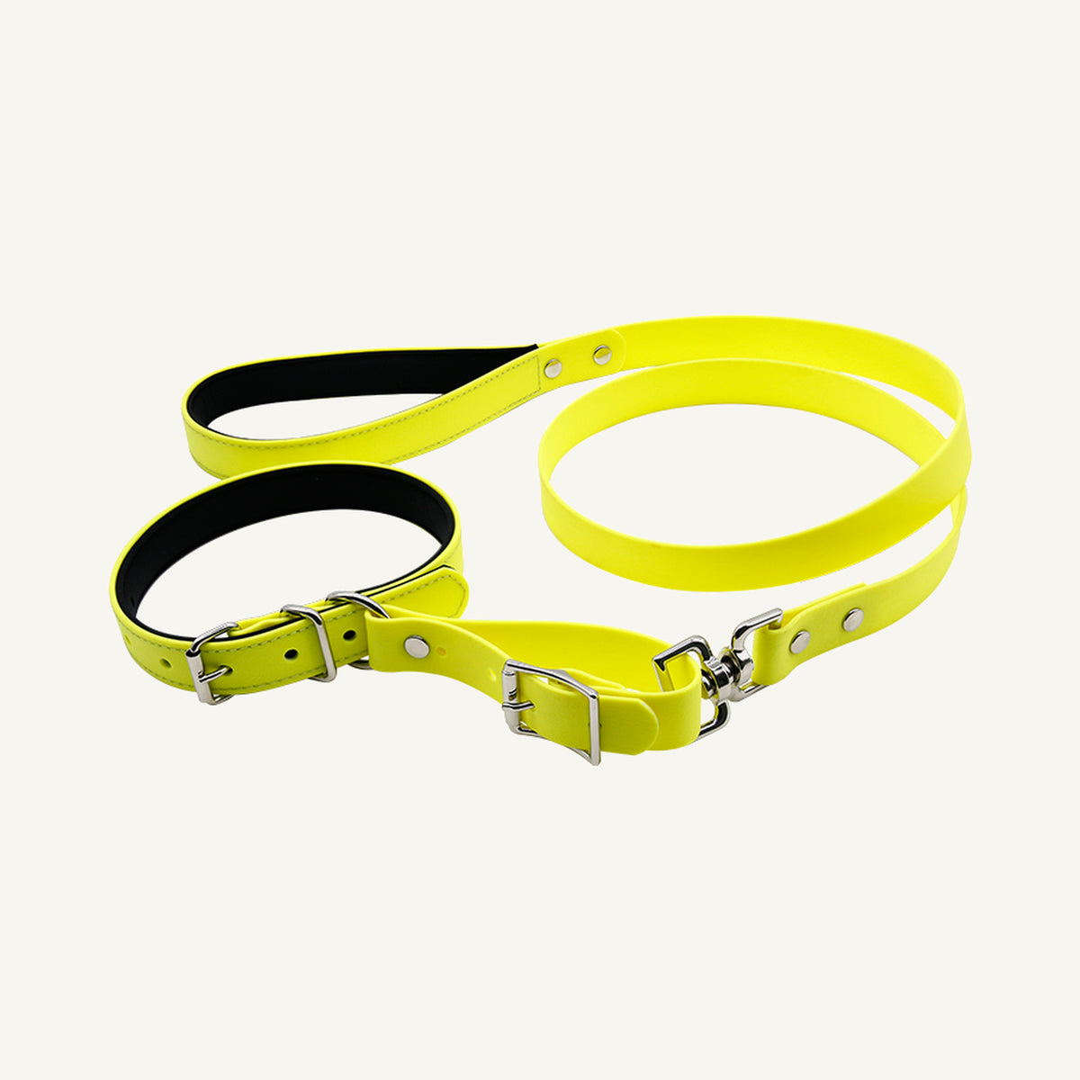 Custom padded PVC integrated dog collar leash set shown in yellow with connected collar and lead