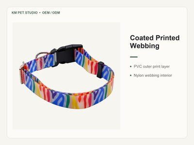 Custom printed PVC dog collar leash set detail view of coated printed webbing construction