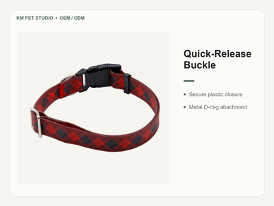 Custom printed PVC dog collar leash set detail view of quick-release buckle construction