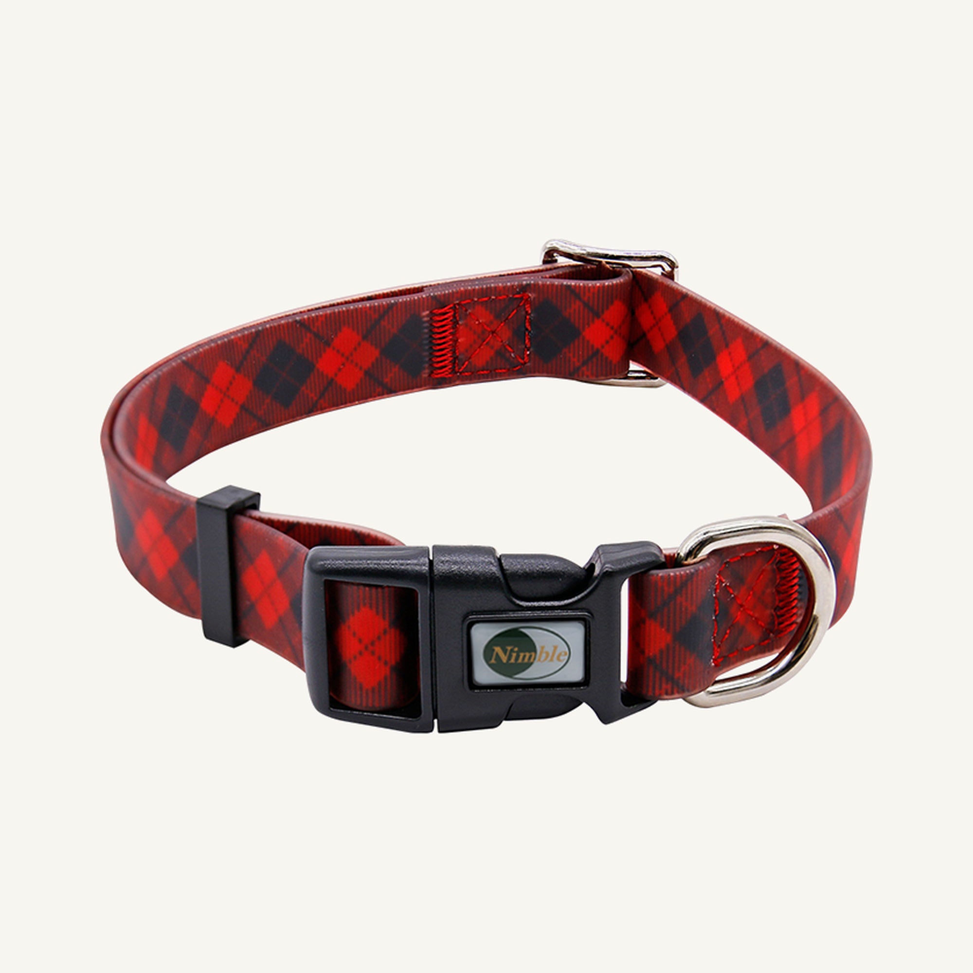 Custom printed PVC dog collar leash set showing the red plaid quick release collar front view