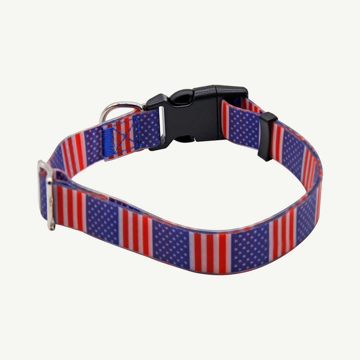 Custom printed PVC dog collar leash set showing the striped flag adjustable collar front view