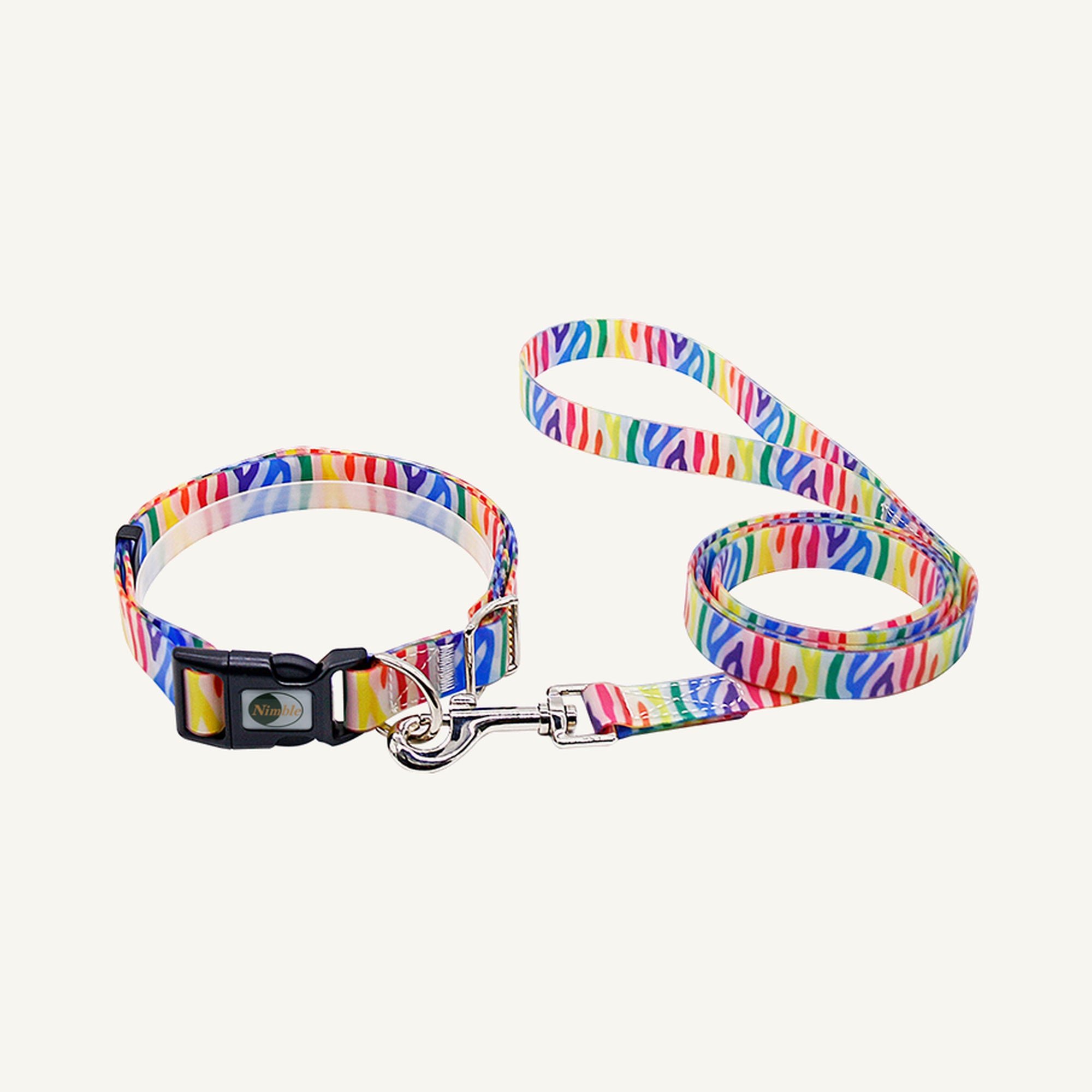 Custom printed PVC dog collar leash set shown in multicolor zebra print with matching lead