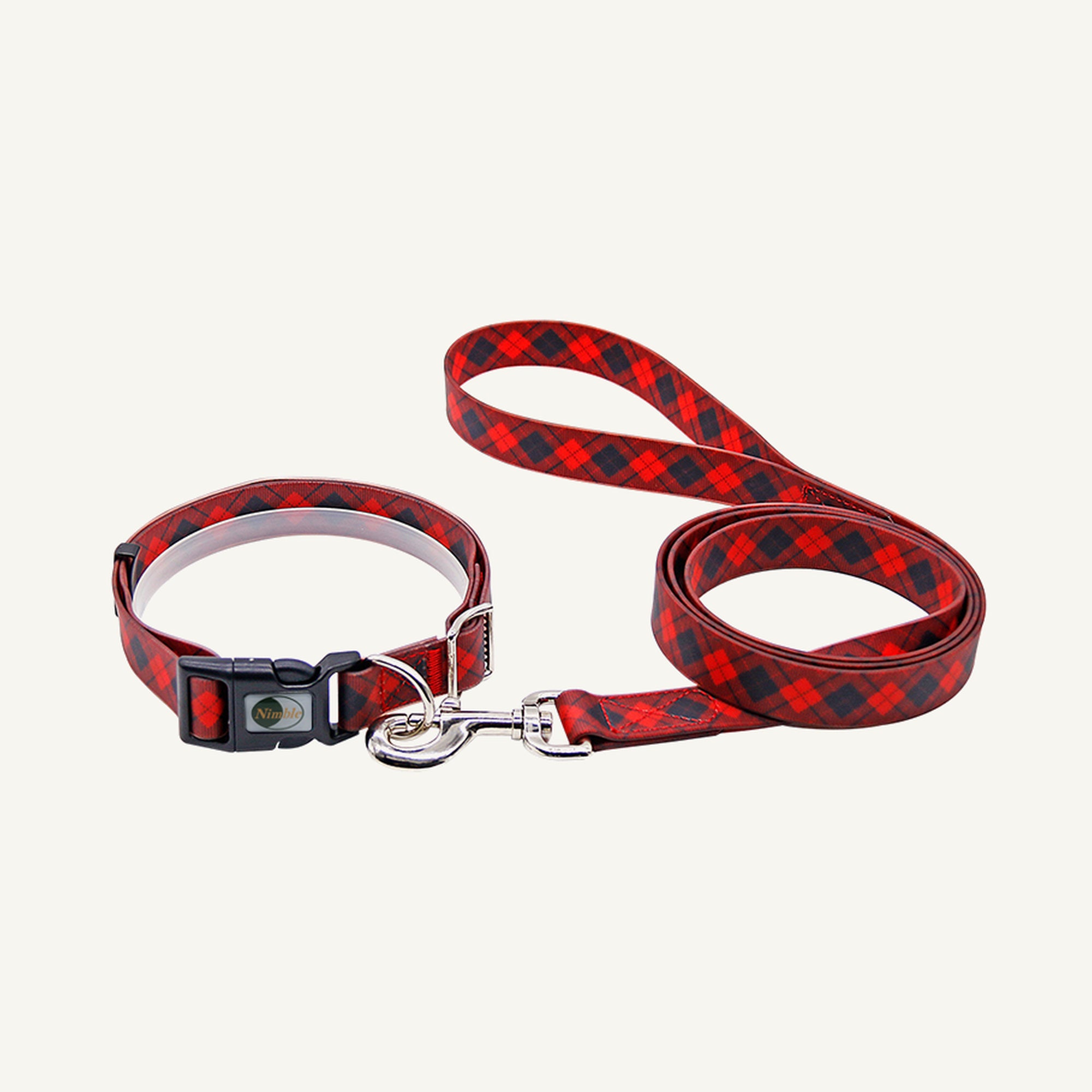 Custom printed PVC dog collar leash set shown in red plaid print with matching lead