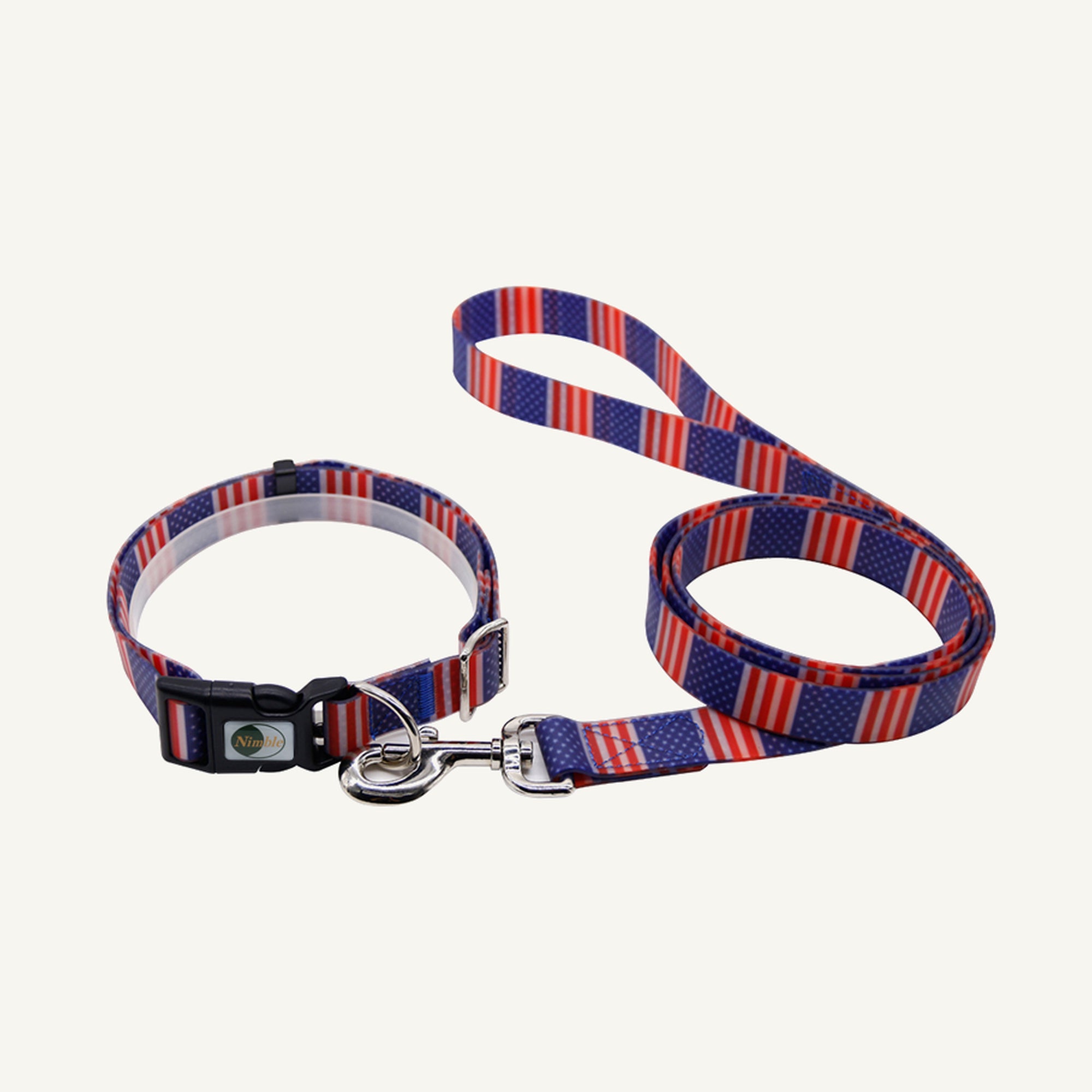 Custom printed PVC dog collar leash set shown in striped flag print with matching lead
