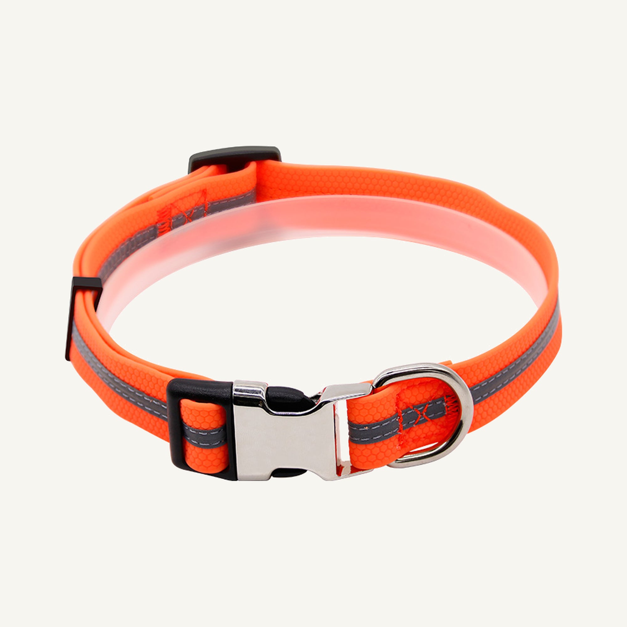 Custom reflective PVC textured dog collar leash set showing the orange reflective collar front view