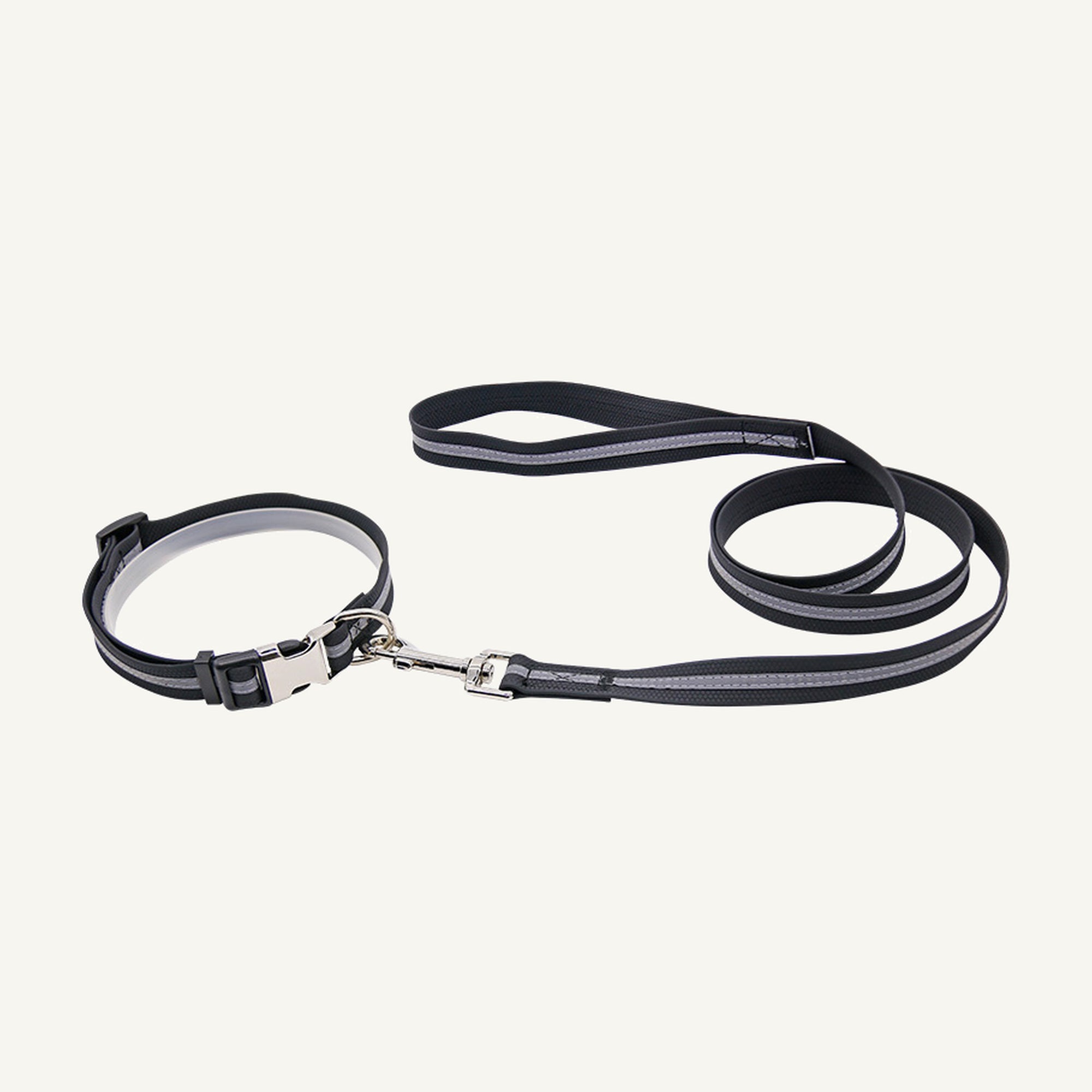 Custom reflective PVC textured dog collar leash set shown in black with reflective center stripe and buckle