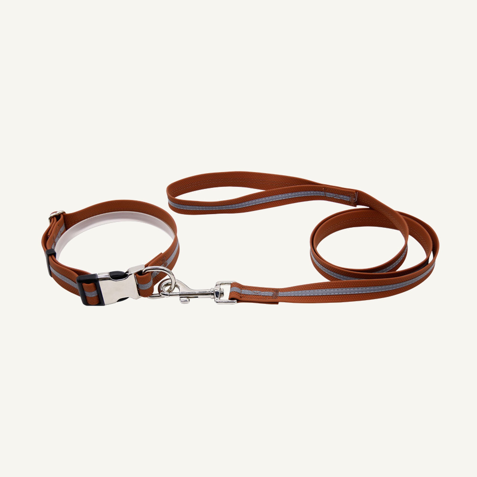 Custom reflective PVC textured dog collar leash set shown in brown with reflective center stripe and buckle