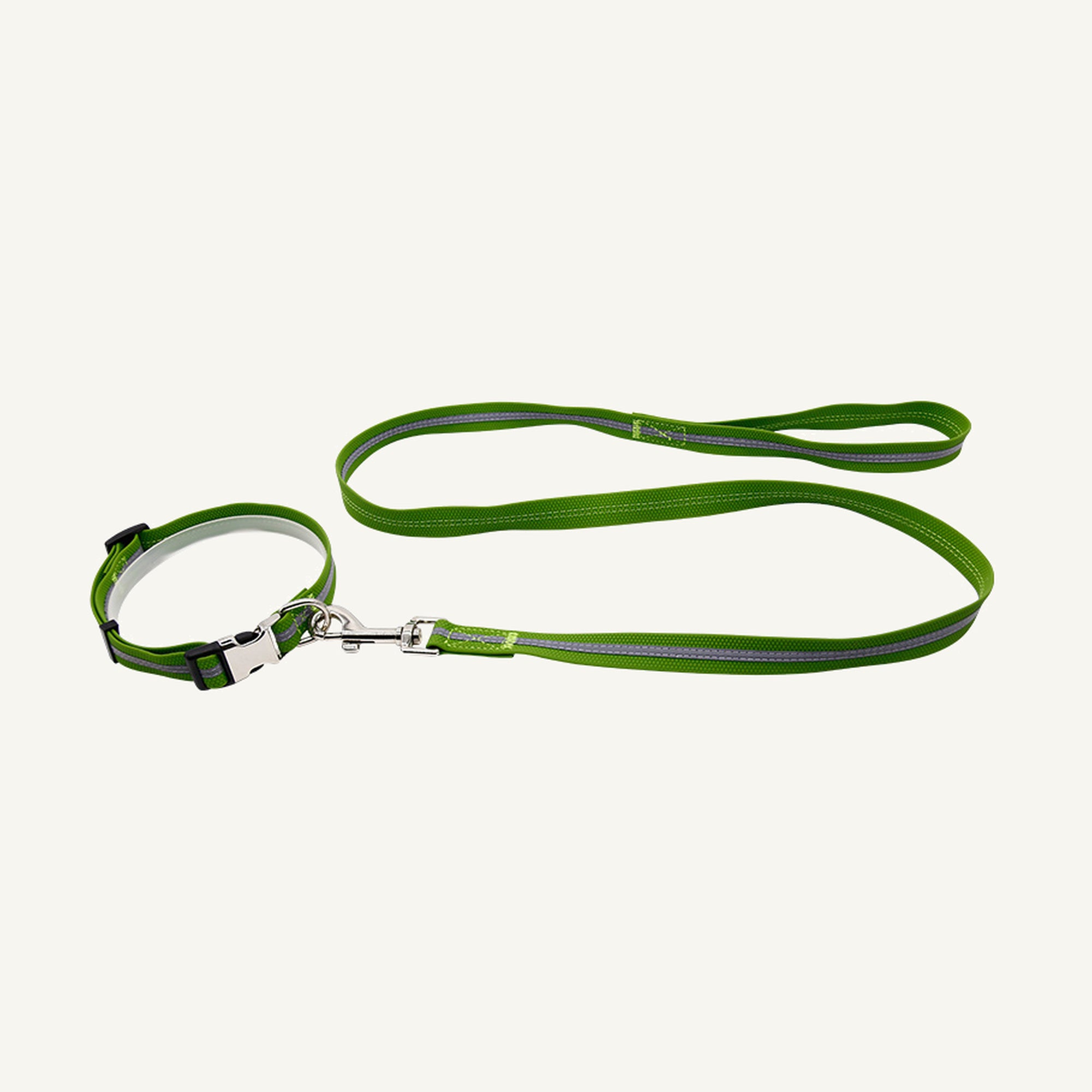 Custom reflective PVC textured dog collar leash set shown in green with reflective center stripe and buckle