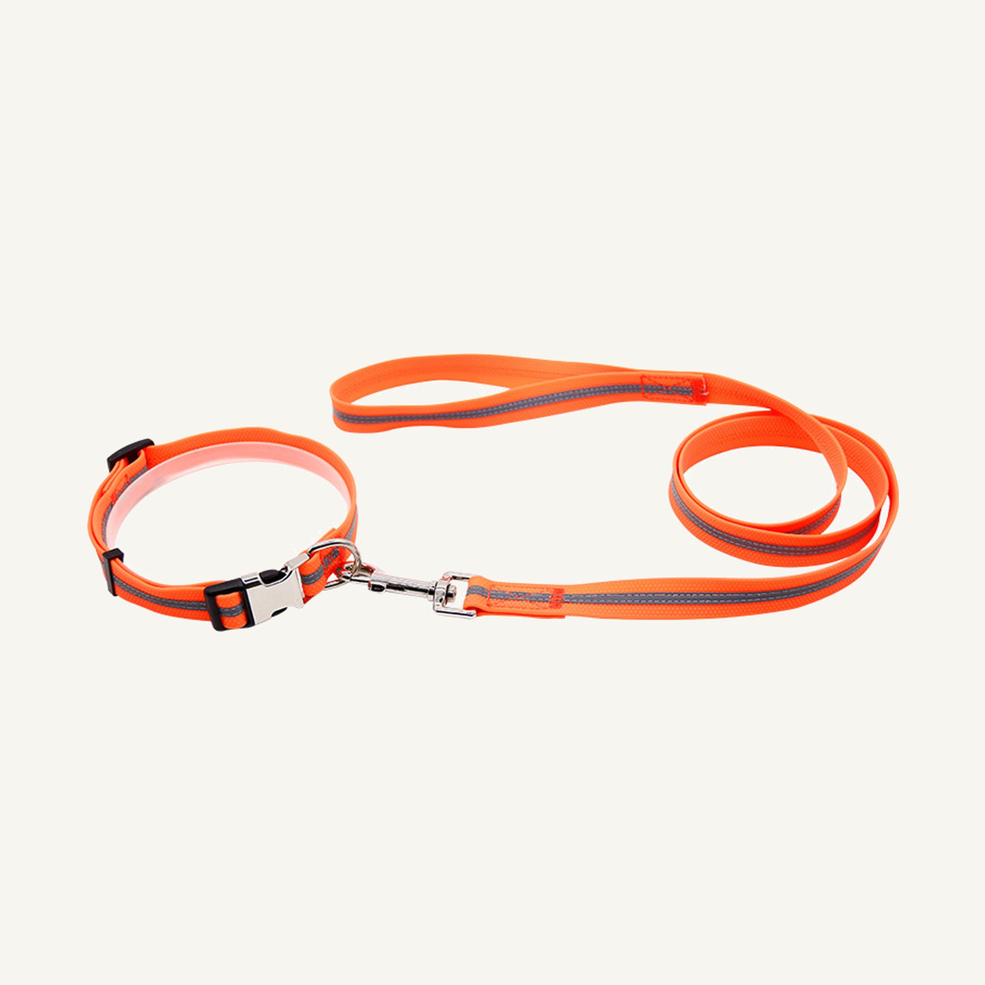 Custom reflective PVC textured dog collar leash set shown in orange with reflective center stripe and buckle